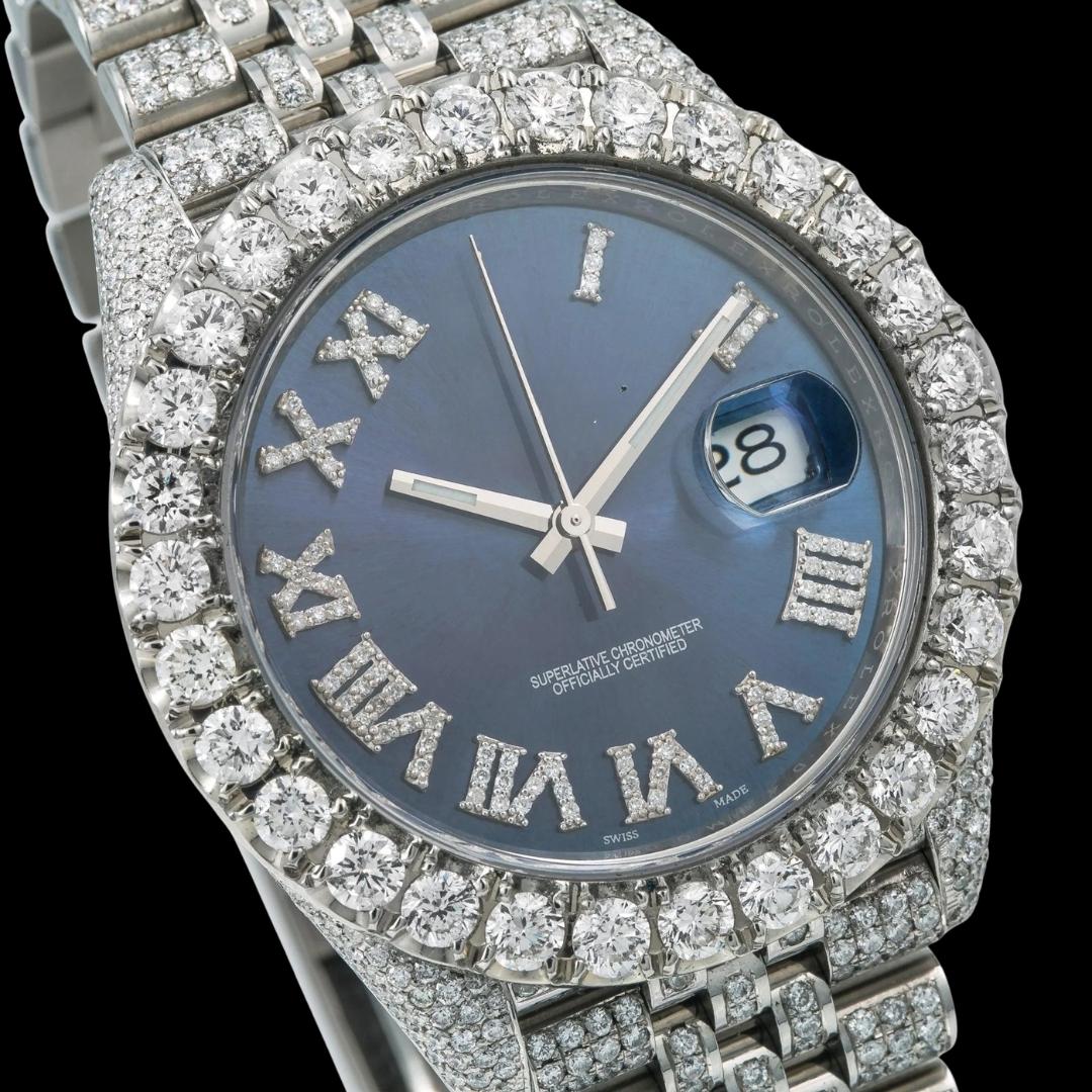 Rolex Datejust Royal Blue Dial Diamond Roman Numerals Fully Iced Out Jubilee Bracelet Moissanite Watch Close Up Dial View