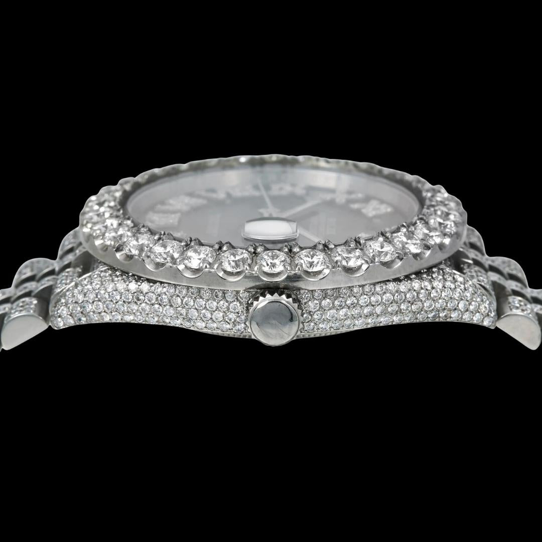 Rolex Datejust Royal Blue Dial Diamond Roman Numerals Fully Iced Out Jubilee Bracelet Moissanite Watch Crown View