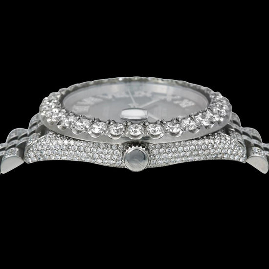 Rolex Datejust Royal Blue Dial Diamond Roman Numerals Fully Iced Out Jubilee Bracelet Moissanite Watch Crown View