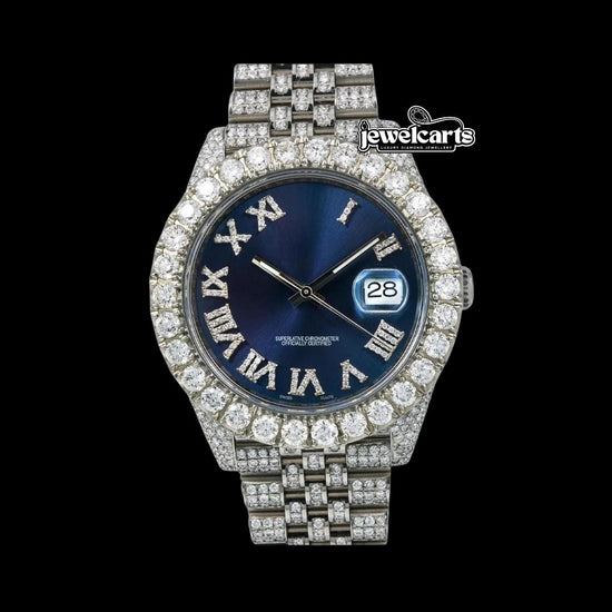 Rolex Datejust Royal Blue Dial Diamond Roman Numerals Fully Iced Out Jubilee Bracelet Moissanite Watch Front View