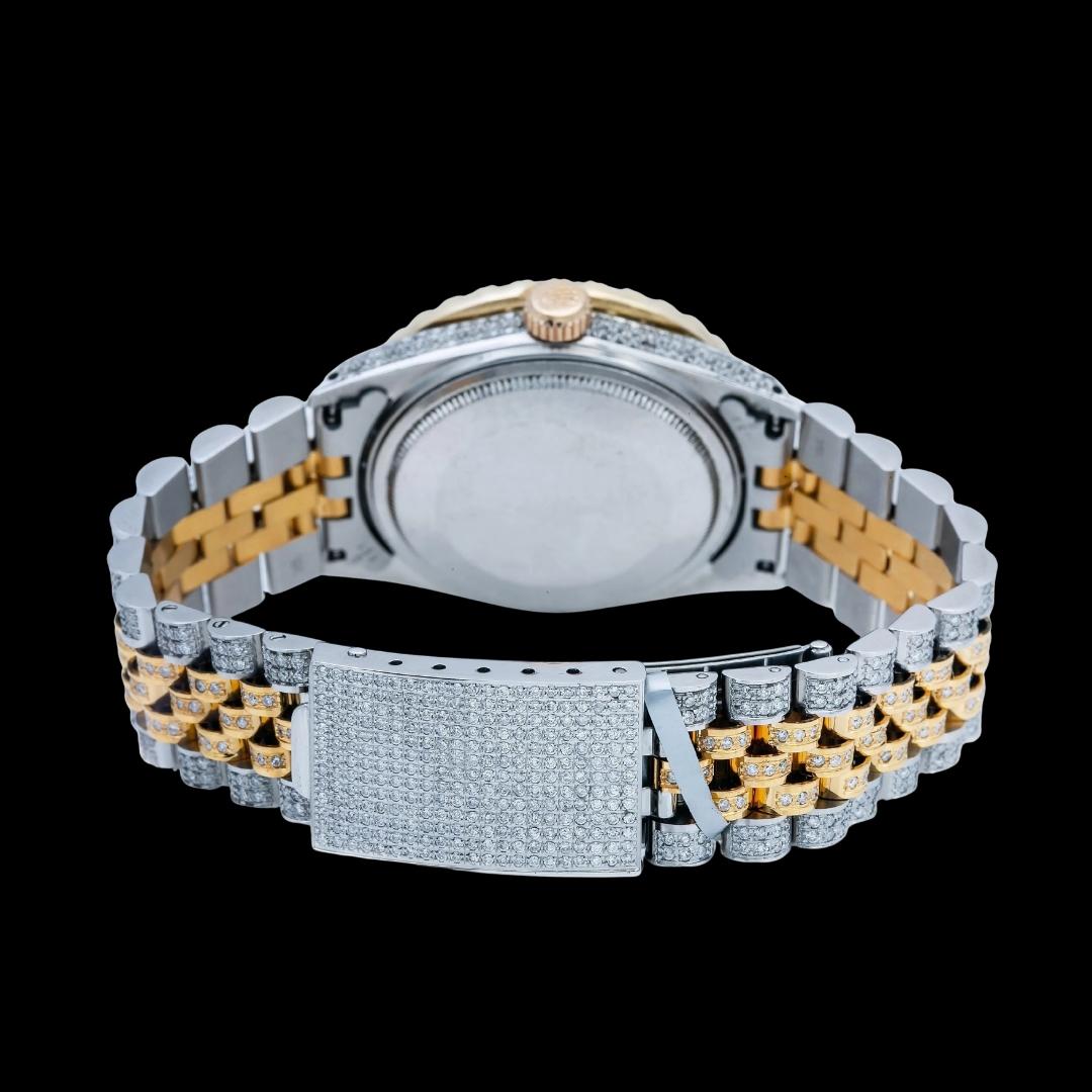 Rolex Datejust Sapphire Blue Roman Dial Two Tone Yellow Gold Jubilee Strap Iced Out Moissanite Watch Caseback View