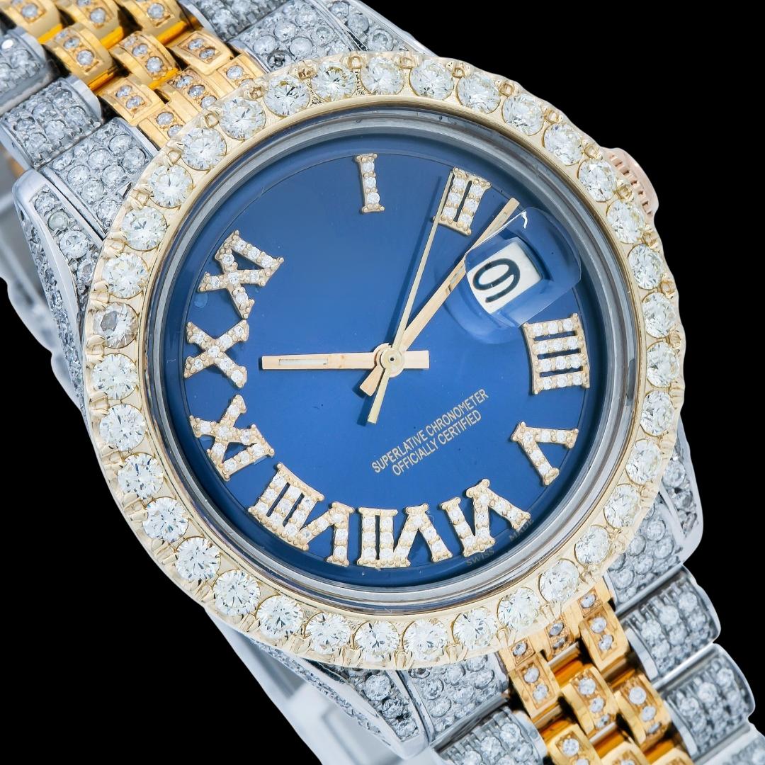 Rolex Datejust Sapphire Blue Roman Dial Two Tone Yellow Gold Jubilee Strap Iced Out Moissanite Watch Close Up Dial View