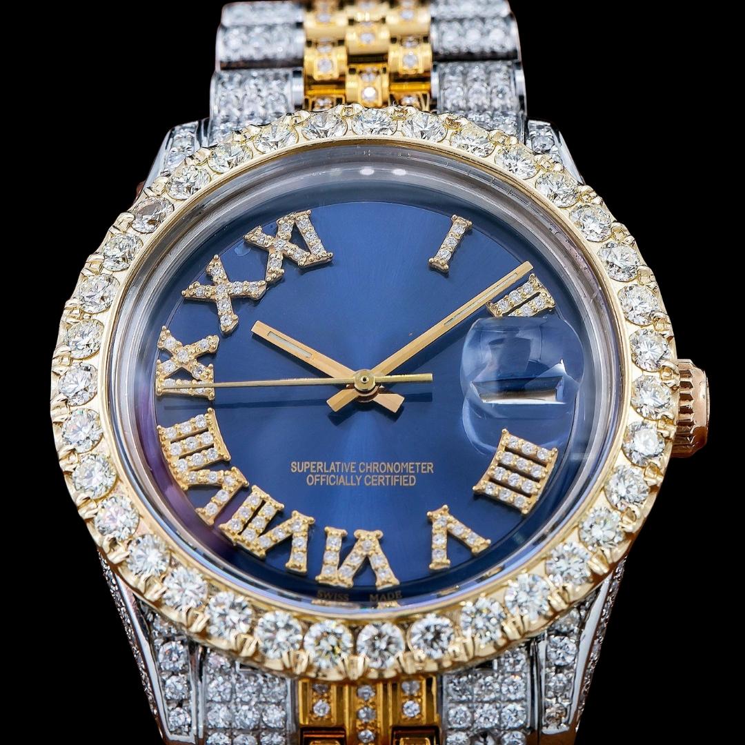 Rolex Datejust Sapphire Blue Roman Dial Two Tone Yellow Gold Jubilee Strap Iced Out Moissanite Watch Close Up Front View