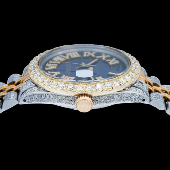 Rolex Datejust Sapphire Blue Roman Dial Two Tone Yellow Gold Jubilee Strap Iced Out Moissanite Watch Crown View