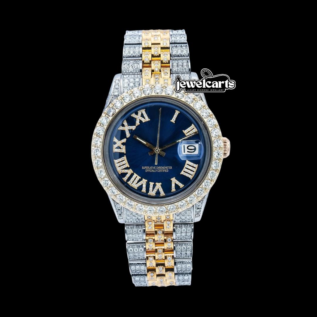 Rolex Datejust Sapphire Blue Roman Dial Two Tone Yellow Gold Jubilee Strap Iced Out Moissanite Watch Front View