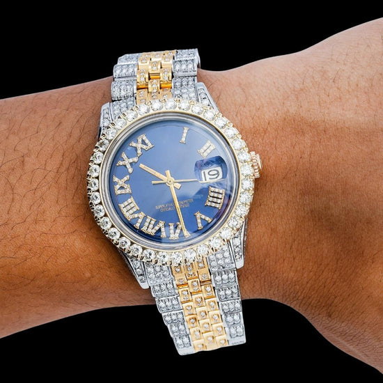 Rolex Datejust Sapphire Blue Roman Dial Two Tone Yellow Gold Jubilee Strap Iced Out Moissanite Watch On Wrist View
