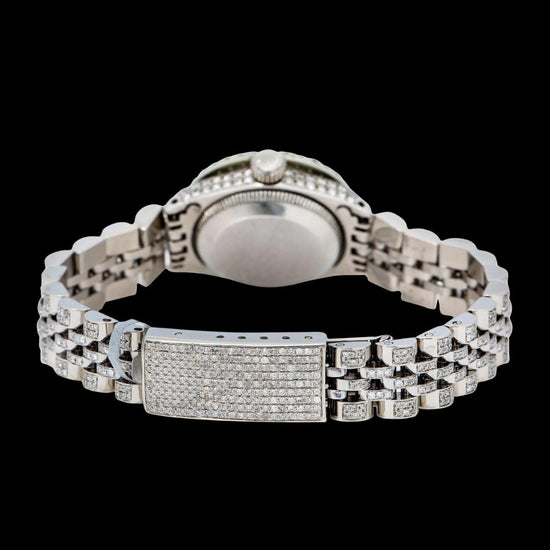 Rolex Datejust Silver Dial Diamond Markers Fully Iced Out Jubilee Bracelet Moissanite Watch Caseback View