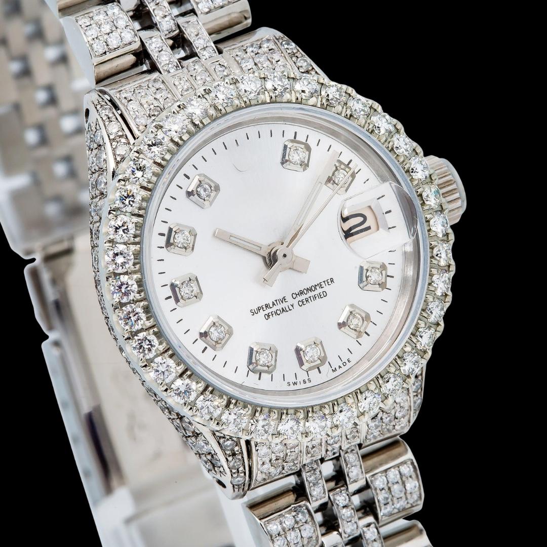 Rolex Datejust Silver Dial Diamond Markers Fully Iced Out Jubilee Bracelet Moissanite Watch Close Up Dial View