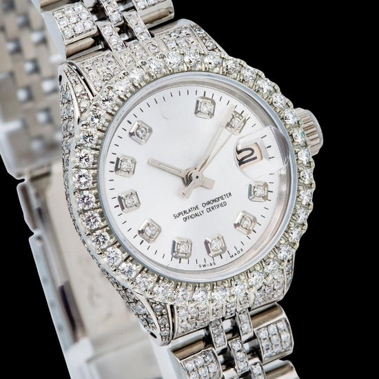 Rolex Datejust Silver Dial Diamond Markers Fully Iced Out Jubilee Bracelet Moissanite Watch Close Up Dial View