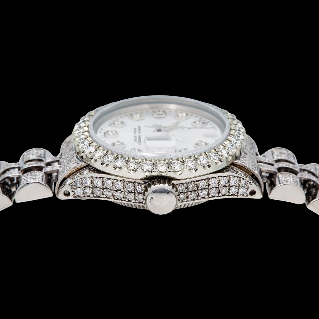 Rolex Datejust Silver Dial Diamond Markers Fully Iced Out Jubilee Bracelet Moissanite Watch Crown View