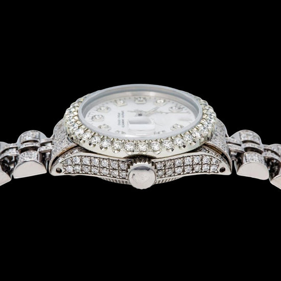 Rolex Datejust Silver Dial Diamond Markers Fully Iced Out Jubilee Bracelet Moissanite Watch Crown View