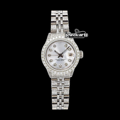 Rolex Datejust Silver Dial Diamond Markers Fully Iced Out Jubilee Bracelet Moissanite Watch
