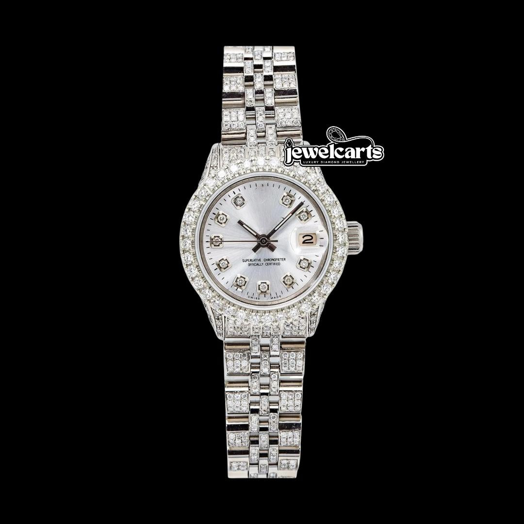 Rolex Datejust Silver Dial Diamond Markers Fully Iced Out Jubilee Bracelet Moissanite Watch Front View