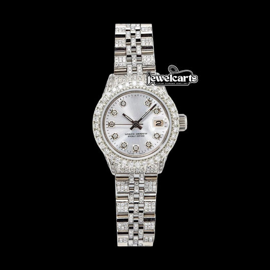 Rolex Datejust Silver Dial Diamond Markers Fully Iced Out Jubilee Bracelet Moissanite Watch Front View