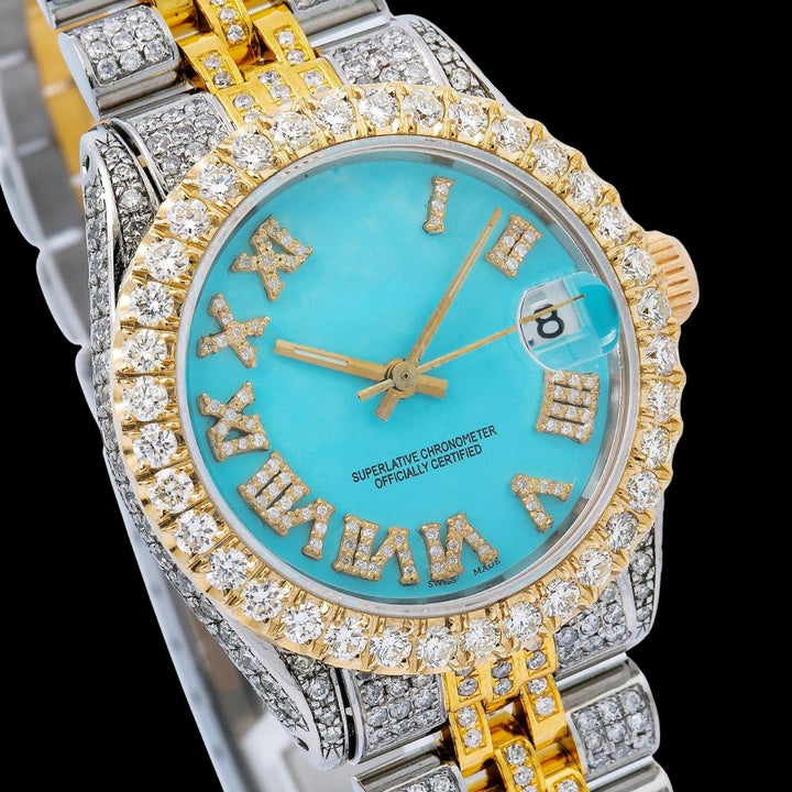 Rolex Datejust Tiffany Blue Roman Dial Two Tone Yellow Gold Jubilee Bracelet Moissanite Watch Close Up Dial View