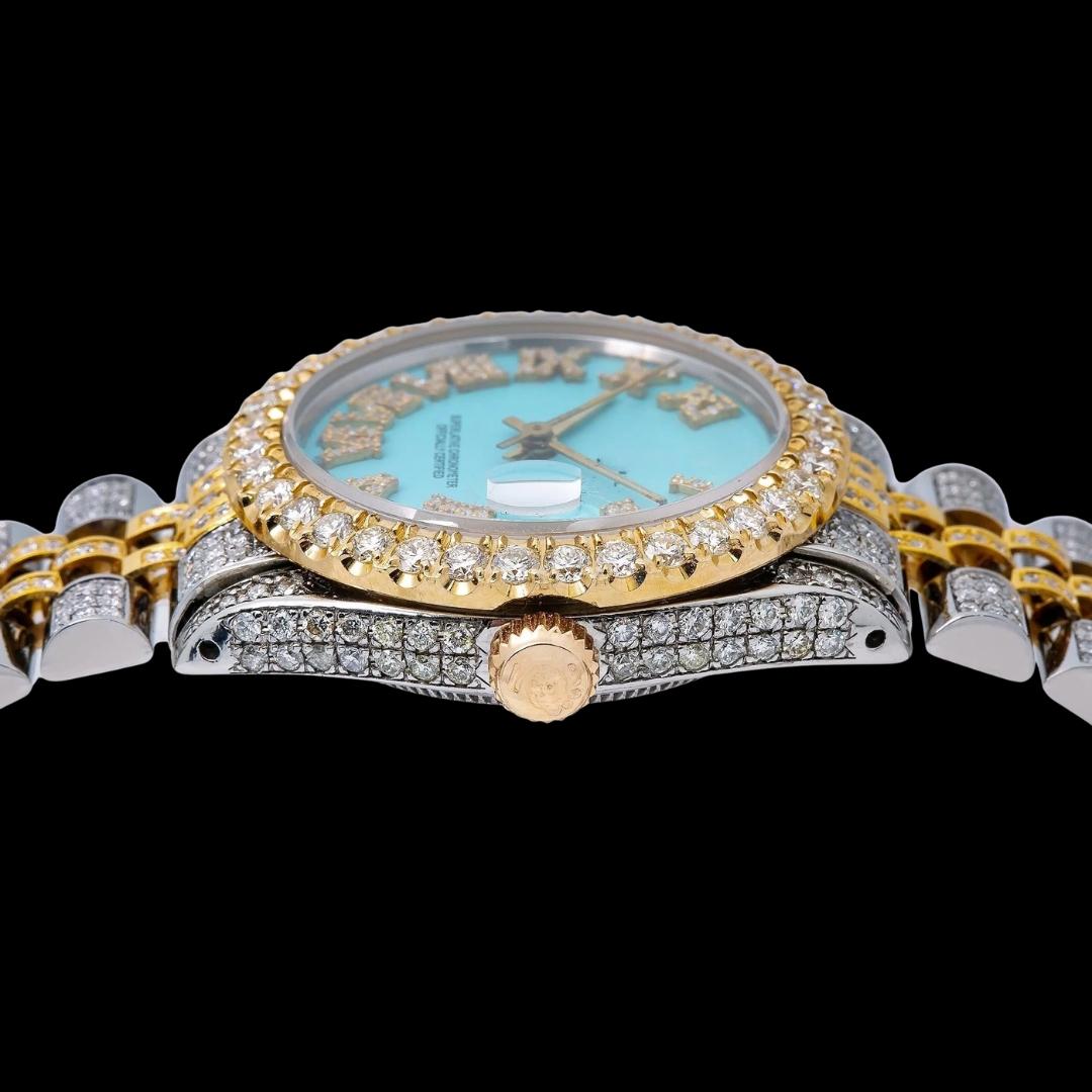 Rolex Datejust Tiffany Blue Roman Dial Two Tone Yellow Gold Jubilee Bracelet Moissanite Watch Crown View