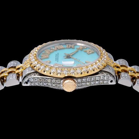 Rolex Datejust Tiffany Blue Roman Dial Two Tone Yellow Gold Jubilee Bracelet Moissanite Watch Crown View