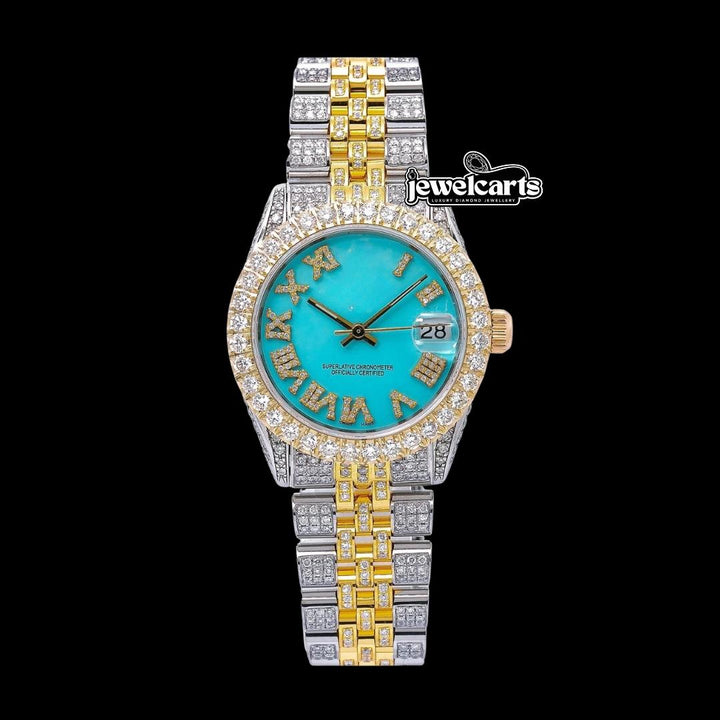 Rolex Datejust Tiffany Blue Roman Dial Two Tone Yellow Gold Jubilee Bracelet Moissanite Watch Front View