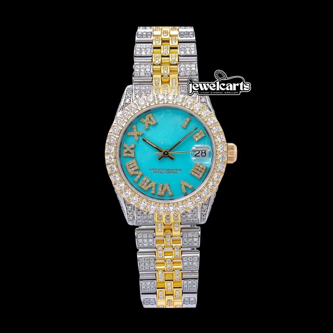 Rolex Datejust Tiffany Blue Roman Dial Two Tone Yellow Gold Jubilee Bracelet Moissanite Watch Front View
