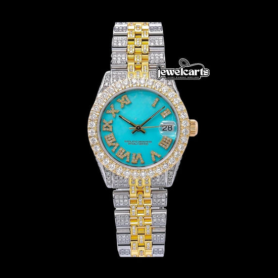 Rolex Datejust Tiffany Blue Roman Dial Two Tone Yellow Gold Jubilee Bracelet Moissanite Watch Front View