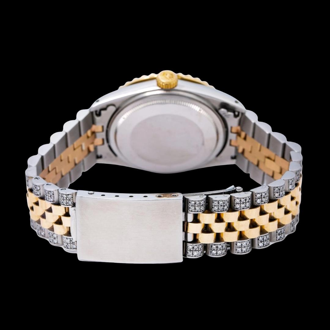 Rolex Datejust Turquoise Blue Dial Diamond Markers Two Tone Yellow Gold Iced Out Jubilee Bracelet Moissanite Watch Caseback View