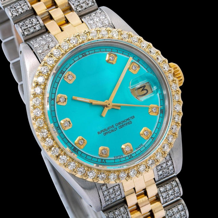 Rolex Datejust Turquoise Blue Dial Diamond Markers Two Tone Yellow Gold Iced Out Jubilee Bracelet Moissanite Watch Close Up Dial View