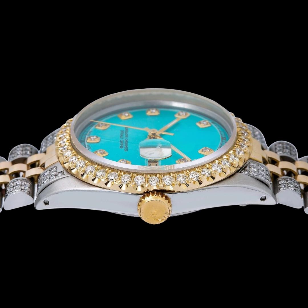 Rolex Datejust Turquoise Blue Dial Diamond Markers Two Tone Yellow Gold Iced Out Jubilee Bracelet Moissanite Watch Crown View