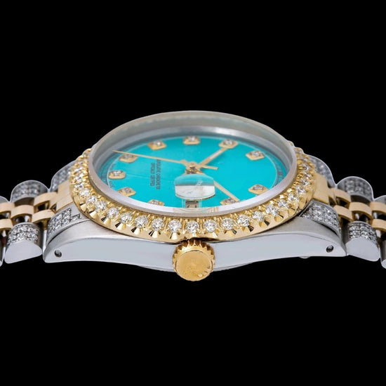 Rolex Datejust Turquoise Blue Dial Diamond Markers Two Tone Yellow Gold Iced Out Jubilee Bracelet Moissanite Watch Crown View