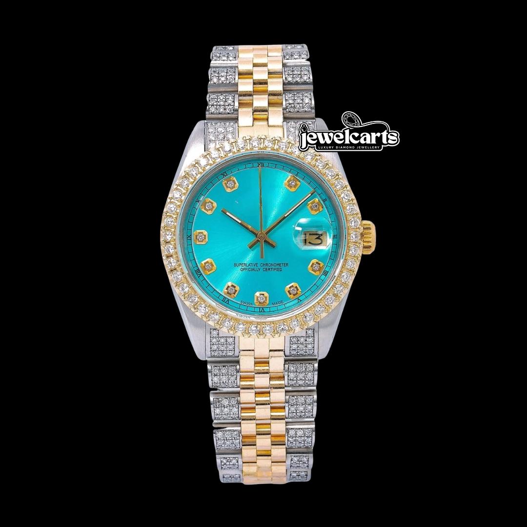 Rolex Datejust Turquoise Blue Dial Diamond Markers Two Tone Yellow Gold Iced Out Jubilee Bracelet Moissanite Watch Front View