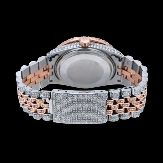 Rolex Datejust Turquoise Dial Diamond Arabic Numerals Two Tone Rose Gold Jubilee Bracelet Full Iced Out Watch Caseback View
