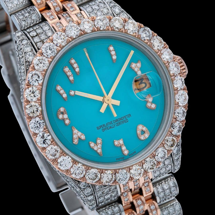Rolex Datejust Turquoise Dial Diamond Arabic Numerals Two Tone Rose Gold Jubilee Bracelet Full Iced Out Watch Close Up Dial View