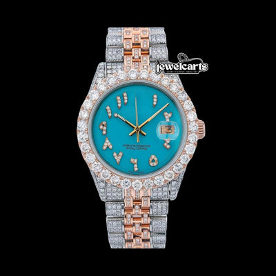 Rolex Datejust Turquoise Dial Diamond Arabic Numerals Two Tone Rose Gold Jubilee Bracelet Full Iced Out Watch