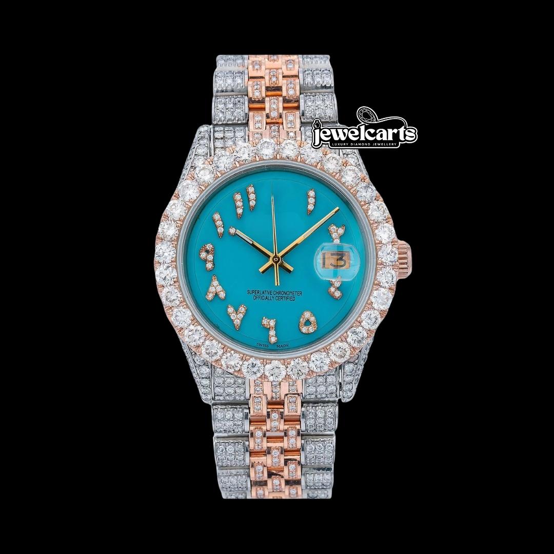 Rolex Datejust Turquoise Dial Diamond Arabic Numerals Two Tone Rose Gold Jubilee Bracelet Full Iced Out Watch Front View
