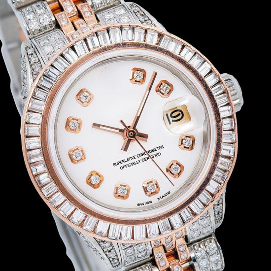 Rolex Datejust White Dial Diamond Markers Jubilee Bracelet Two Tone Iced Out Rose Gold Moissanite Watch Close Up Dial View