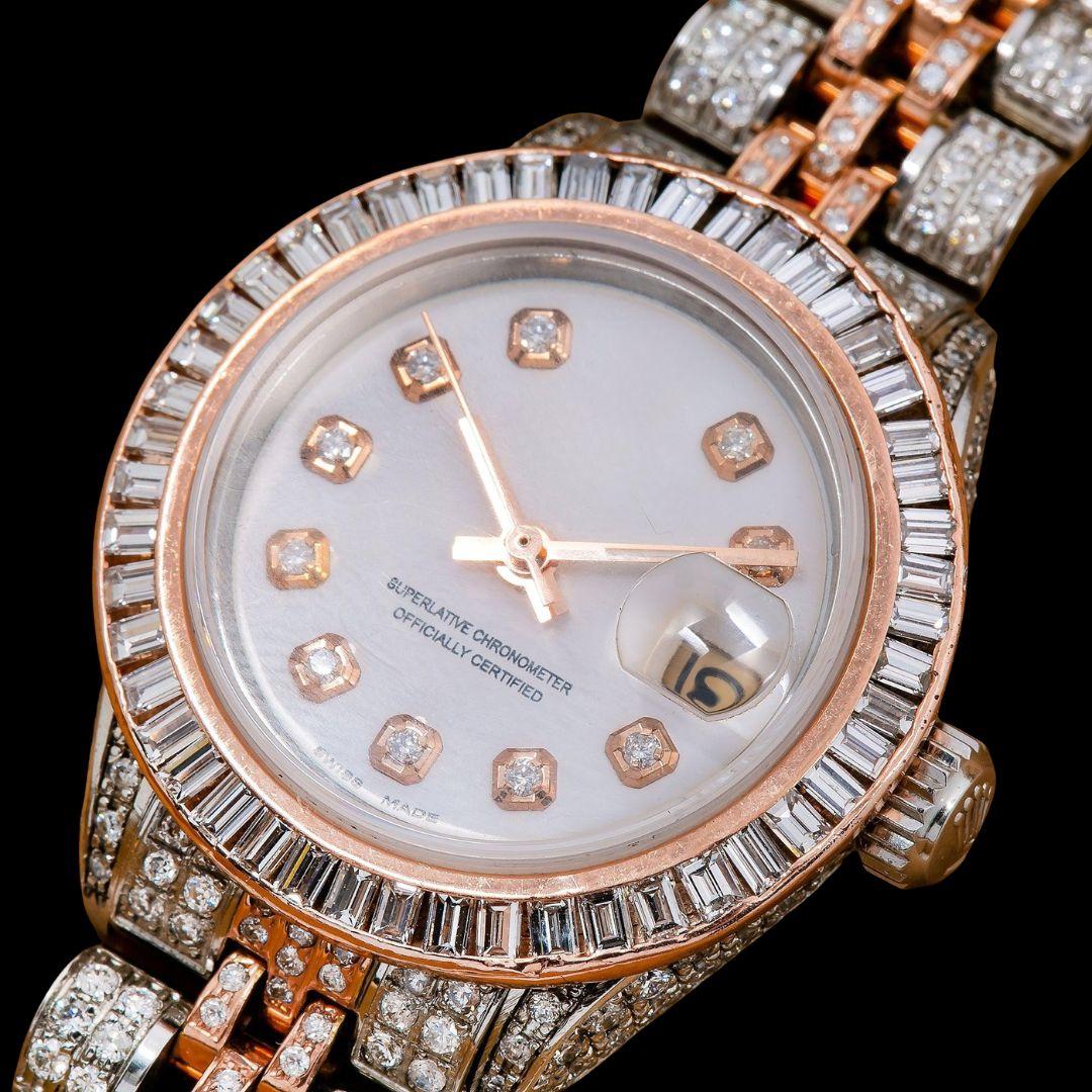 Rolex Datejust White Dial Diamond Markers Jubilee Bracelet Two Tone Iced Out Rose Gold Moissanite Watch Close Up Diamond Markers View