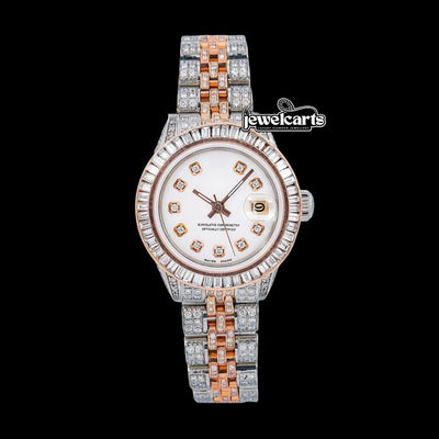 Rolex Datejust White Dial Diamond Markers Jubilee Bracelet Two Tone Iced Out Rose Gold Moissanite Watch