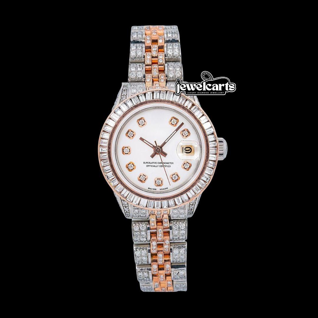 Rolex Datejust White Dial Diamond Markers Jubilee Bracelet Two Tone Iced Out Rose Gold Moissanite Watch Front View