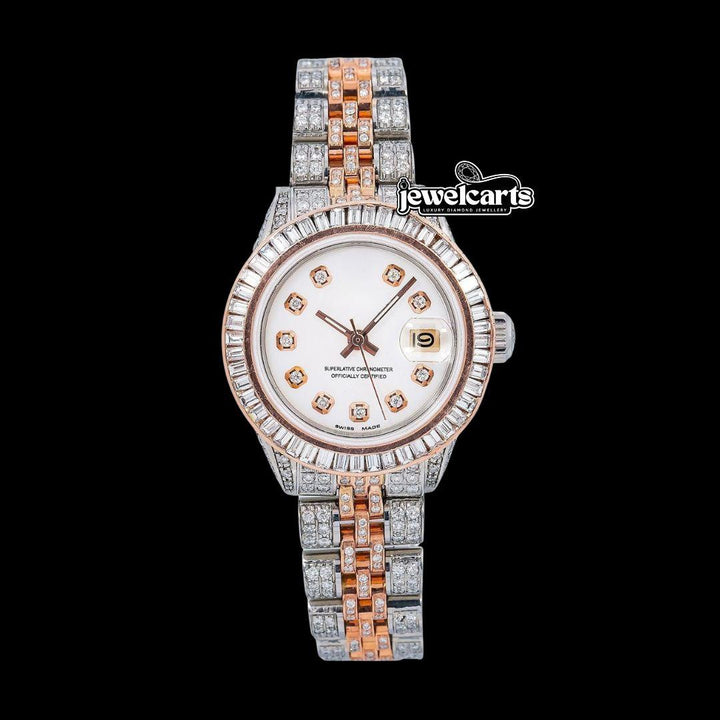 Rolex Datejust White Dial Diamond Markers Jubilee Bracelet Two Tone Iced Out Rose Gold Moissanite Watch Front View