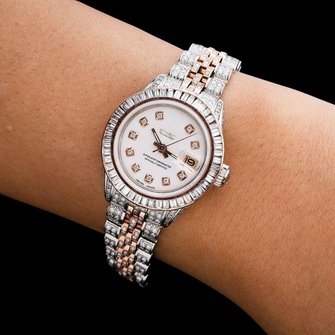 Rolex Datejust White Dial Diamond Markers Jubilee Bracelet Two Tone Iced Out Rose Gold Moissanite Watch On Wrist View