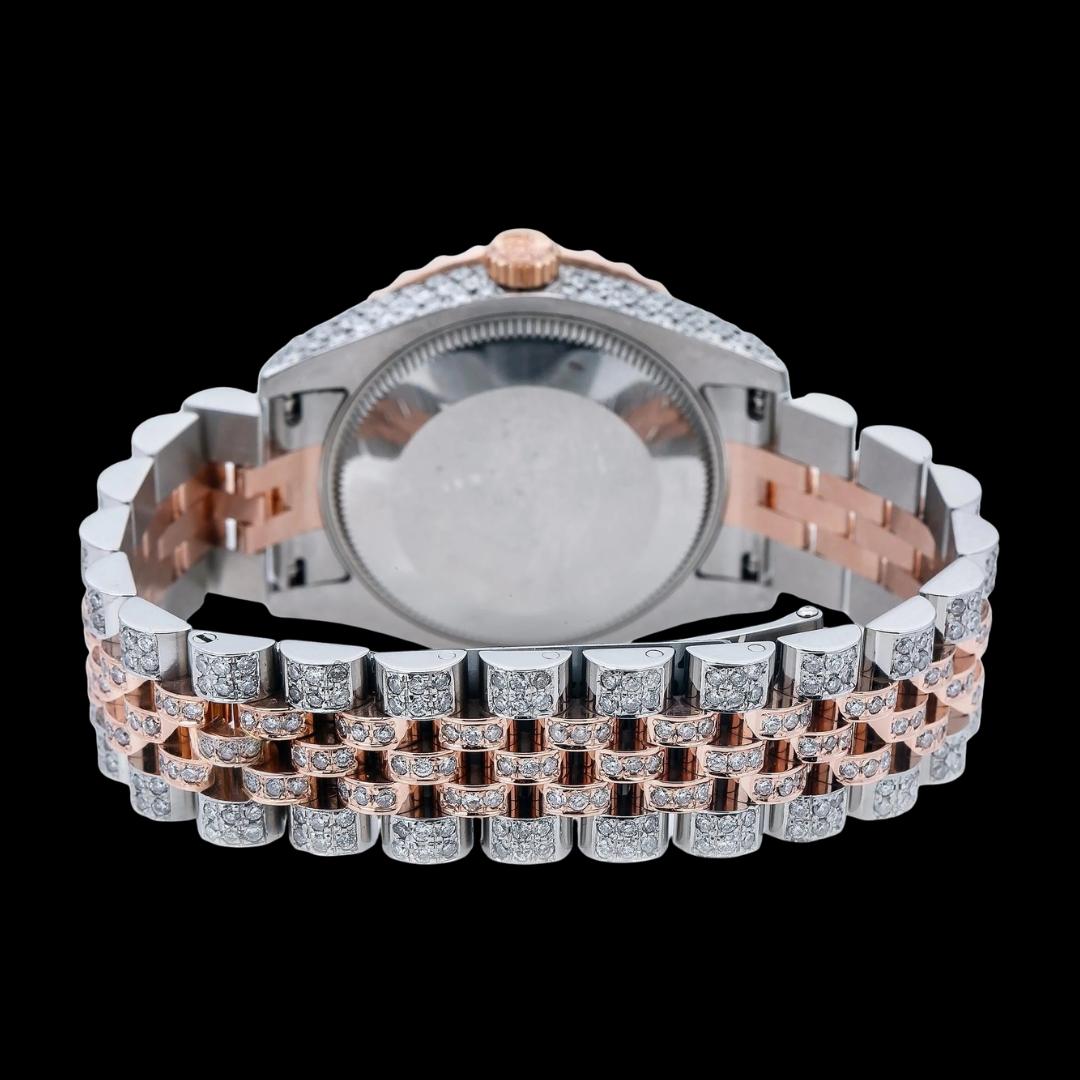 Rolex Datejust White Dial Diamond Markers Jubilee Bracelet Two Tone Rose Gold Moissanite Watch Caseback View