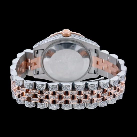 Rolex Datejust White Dial Diamond Markers Jubilee Bracelet Two Tone Rose Gold Moissanite Watch Caseback View