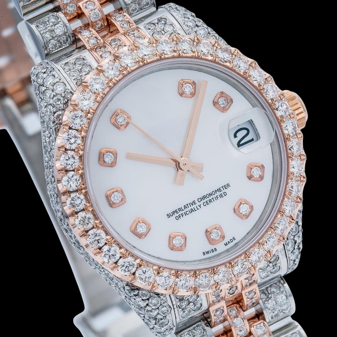 Rolex Datejust White Dial Diamond Markers Jubilee Bracelet Two Tone Rose Gold Moissanite Watch Close Up Dial View