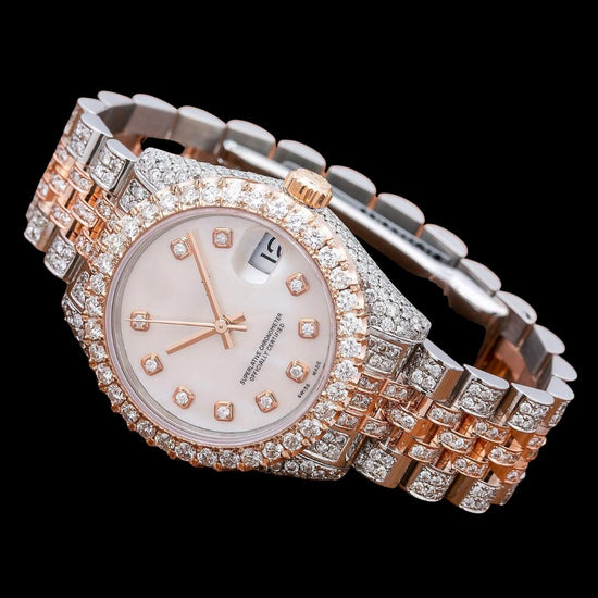 Rolex Datejust White Dial Diamond Markers Jubilee Bracelet Two Tone Rose Gold Moissanite Watch Close Up Front View