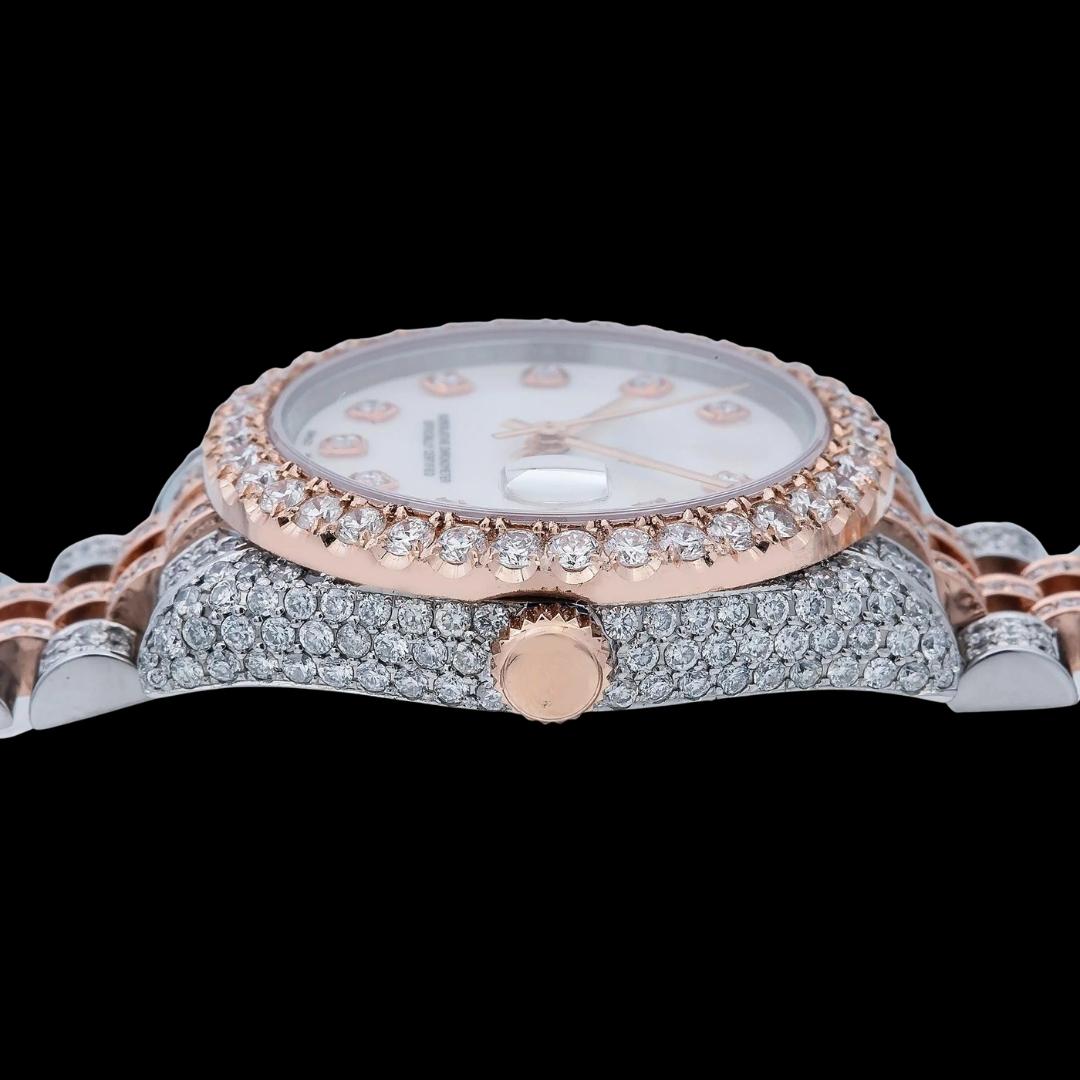 Rolex Datejust White Dial Diamond Markers Jubilee Bracelet Two Tone Rose Gold Moissanite Watch Crown View