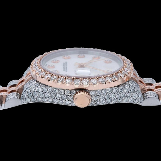 Rolex Datejust White Dial Diamond Markers Jubilee Bracelet Two Tone Rose Gold Moissanite Watch Crown View