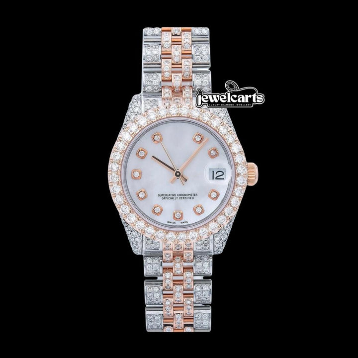 Rolex Datejust White Dial Diamond Markers Jubilee Bracelet Two Tone Rose Gold Moissanite Watch Front View