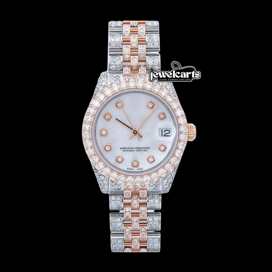 Rolex Datejust White Dial Diamond Markers Jubilee Bracelet Two Tone Rose Gold Moissanite Watch Front View