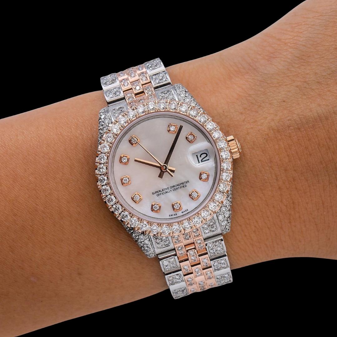 Rolex Datejust White Dial Diamond Markers Jubilee Bracelet Two Tone Rose Gold Moissanite Watch On Wrist View