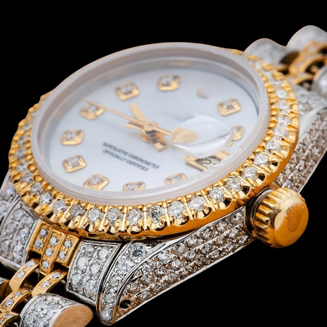 Rolex Datejust White Dial Diamond Markers Two Tone Fully Iced Jubilee Bracelet Moissanite Watch Close Up Bezel View