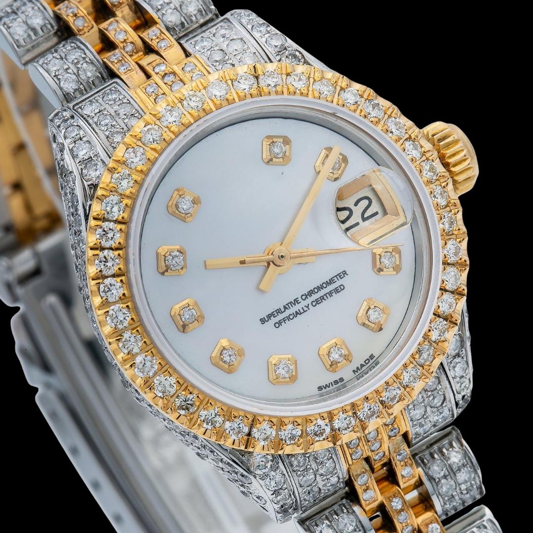 Rolex Datejust White Dial Diamond Markers Two Tone Fully Iced Jubilee Bracelet Moissanite Watch Close Up Dial View